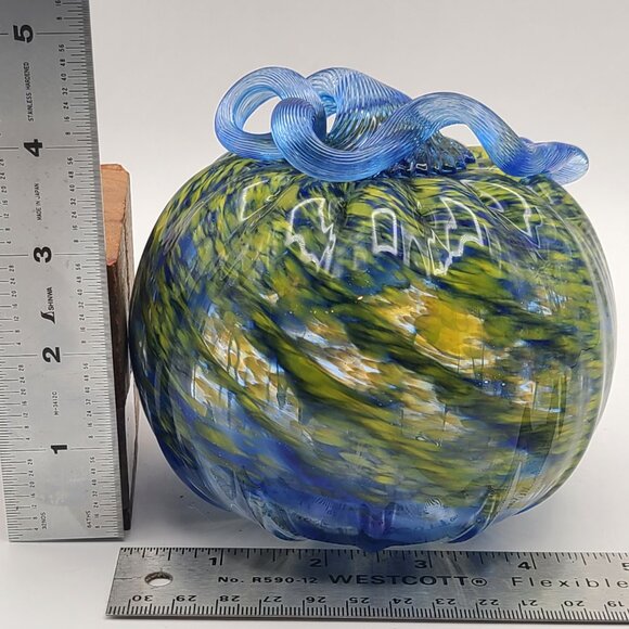 John Fenton Art Glass Pumpkin Blue Yellow Frit Appears Greenish 2014 4 1/2" Dm - Picture 11 of 11